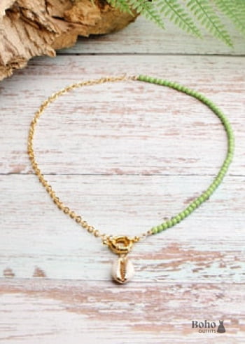 Boho Necklace, Blue Colorful Hippie Gold Shell